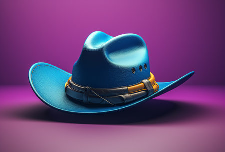 Blue cowboy hat with belt on purple background. 3d illustration.の素材
