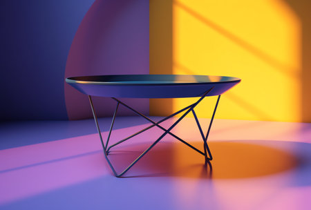 3d render of a round table in a room with colorful lightingの素材
