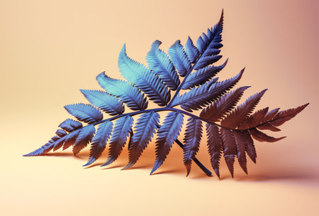 Blue fern leaf on orange background. Minimal concept. 3D Renderingの素材