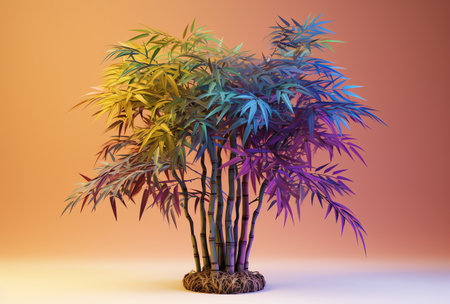3d render of a bamboo plant with colorful leaves on orange backgroundの素材