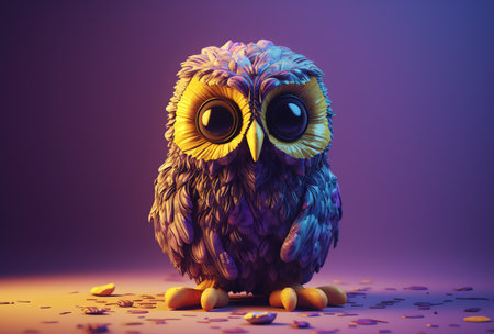 Cute owl sitting on the floor. 3d illustration. Violet background.の素材