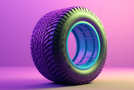 3d rendering of a tire in neon light on a pink backgroundの素材