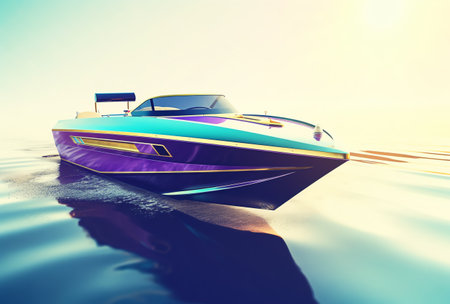 Speedboat on the water at sunset. 3d render illustration.の素材