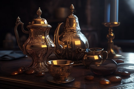 Vintage arabic coffee set on wooden table in dark roomの素材
