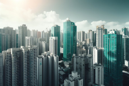 Cityscape with skyscrapers and blue sky. 3d renderingの素材