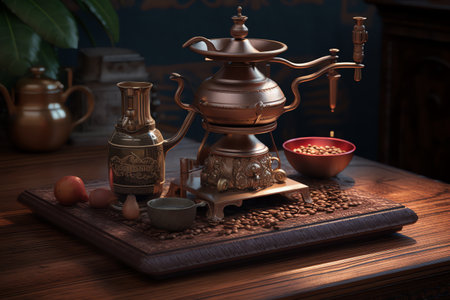 Arabic coffee grinder with coffee beans on the wooden table in dark roomの素材