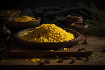 Yellow rice in a bowl on a wooden background. Selective focus.の素材