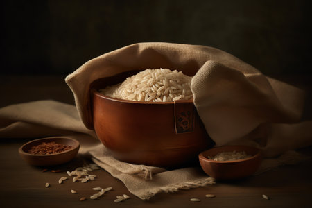 Rice in a clay pot on a wooden background. Selective focus.の素材