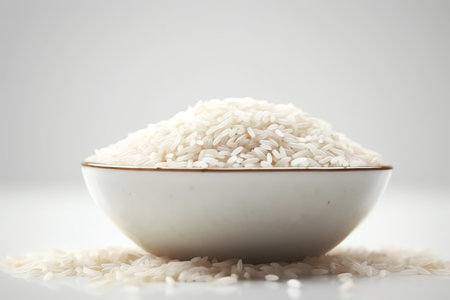 Rice in a bowl on white background, shallow depth of fieldの素材