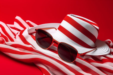 Striped hat, sunglasses and striped scarf on red background.の素材