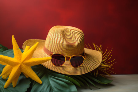 Straw hat with sunglasses and starfish on a red background.の素材
