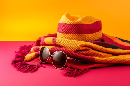Beach accessories. Sunglasses, scarf and hat on colorful backgroundの素材
