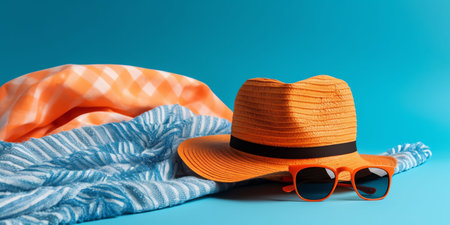 Orange hat, sunglasses and scarf on blue background. Summer concept.の素材