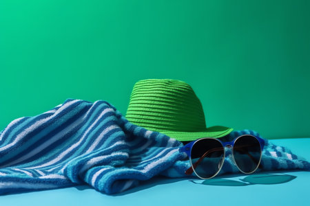 Straw hat and sunglasses on a blue background. Summer concept.の素材