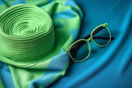 Sunglasses and green scarf on blue background. Top view.の素材