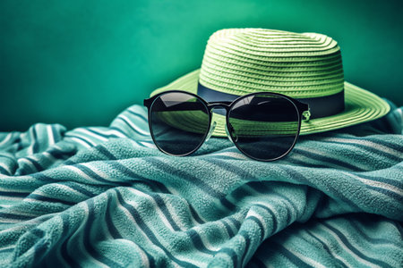 Straw hat and sunglasses on a green background. Toned.の素材