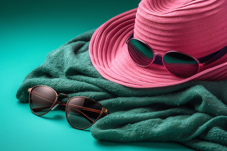 Straw hat, sunglasses and green towel on turquoise backgroundの素材