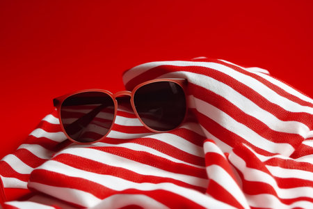 Sunglasses and striped fabric on a red background, close upの素材