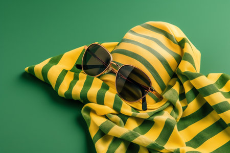 Sunglasses and striped scarf on green background. Top view.の素材