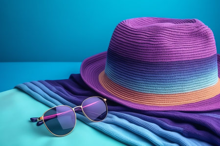 Straw hat and sunglasses on blue background. Summer fashion concept.の素材