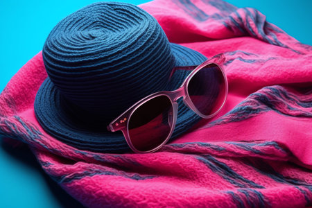 Straw hat, sunglasses and scarf on blue background. Toned.の素材