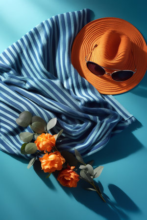 Summer hat, sunglasses and orange flowers on blue background. Flat lay.の素材
