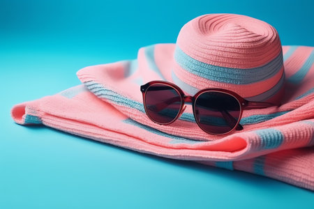 Straw hat, sunglasses and beach towel on blue background. Summer holiday concept.の素材