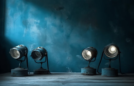 Group of vintage spotlights on a wooden table with blue background.の素材