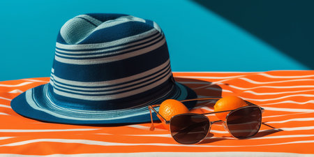 Straw hat, sunglasses and tangerines on striped beach towelの素材