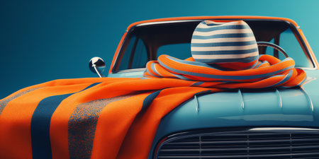 Retro car with striped scarf on blue background. 3d illustrationの素材