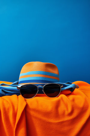 Beach accessories on a blue background. Straw hat and sunglasses.の素材