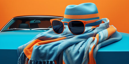 3d render of sunglasses, hat, scarf and blue car on orange backgroundの素材