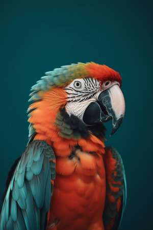 Beautiful macaw parrot on dark blue background. Close up.の素材
