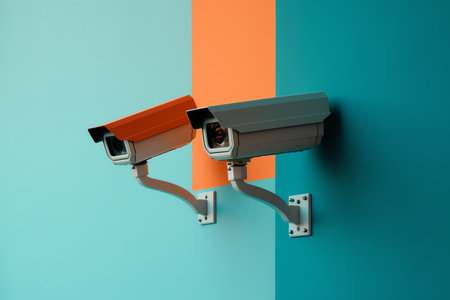 Surveillance camera on blue and orange background. 3d renderingの素材