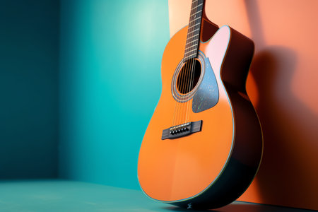 Acoustic guitar on a blue and orange background. 3d renderingの素材