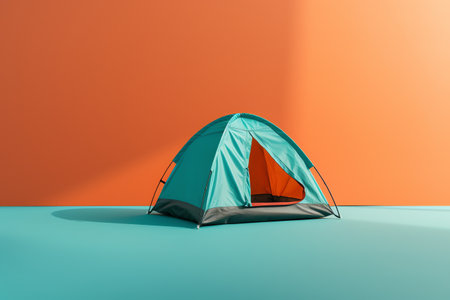 Camping tent on blue and orange background. 3d rendering.の素材