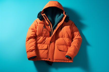 Orange winter jacket with hood isolated on blue background, top view.の素材