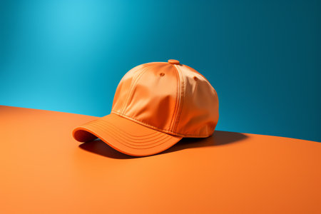 Orange baseball cap on orange and blue background. 3d rendering.の素材