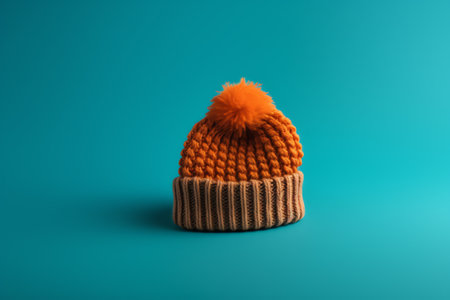 Orange knitted hat on a blue background. Knitted hat.の素材