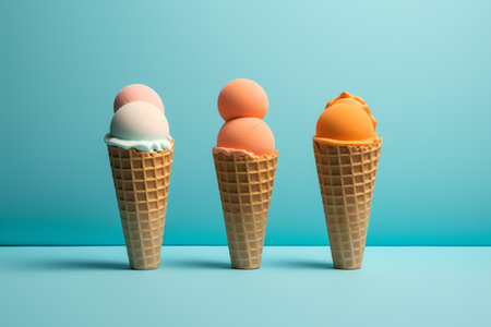 Ice cream in waffle cones on blue background. 3d renderingの素材