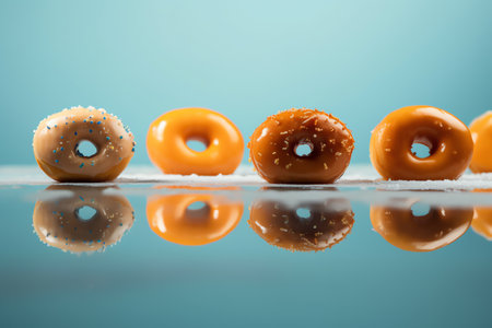 Delicious glazed donuts on a blue background with reflection.の素材