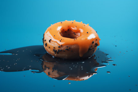 Donut on a blue background with water drops and splashes.の素材