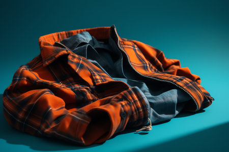 Orange checkered shirt on a blue background. Toned.の素材