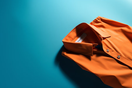 Orange shirt isolated on blue background with copy space. Top view.の素材
