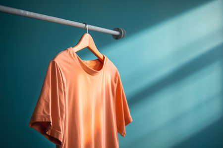 Orange t-shirt hanging on a clothes hanger against blue wallの素材