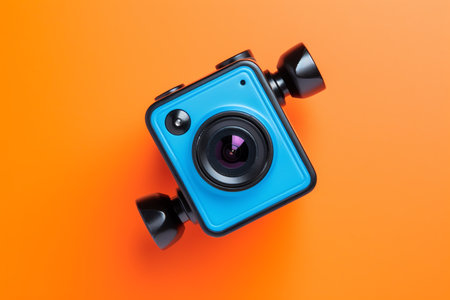 Top view of blue camera on orange background. Minimal photography conceptの素材