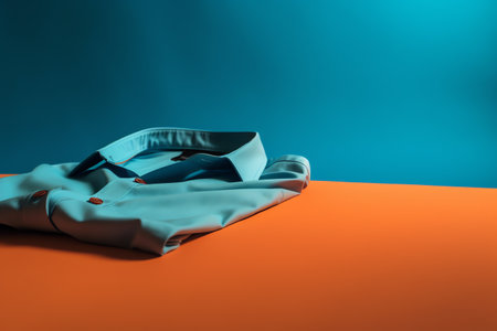 Blue and orange men's suit on the table in the studio.の素材