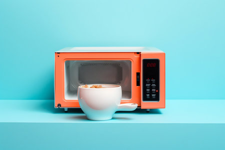 Orange microwave oven and cup of coffee on blue shelf. 3d renderingの素材