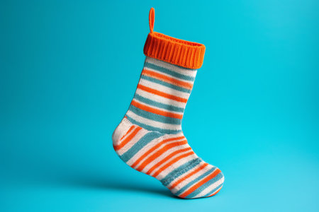 Colorful striped socks isolated on blue background. Minimal winter concept.の素材