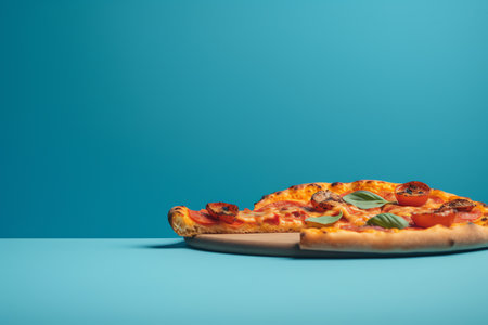 pizza on blue background with copy space, food and drink conceptの素材